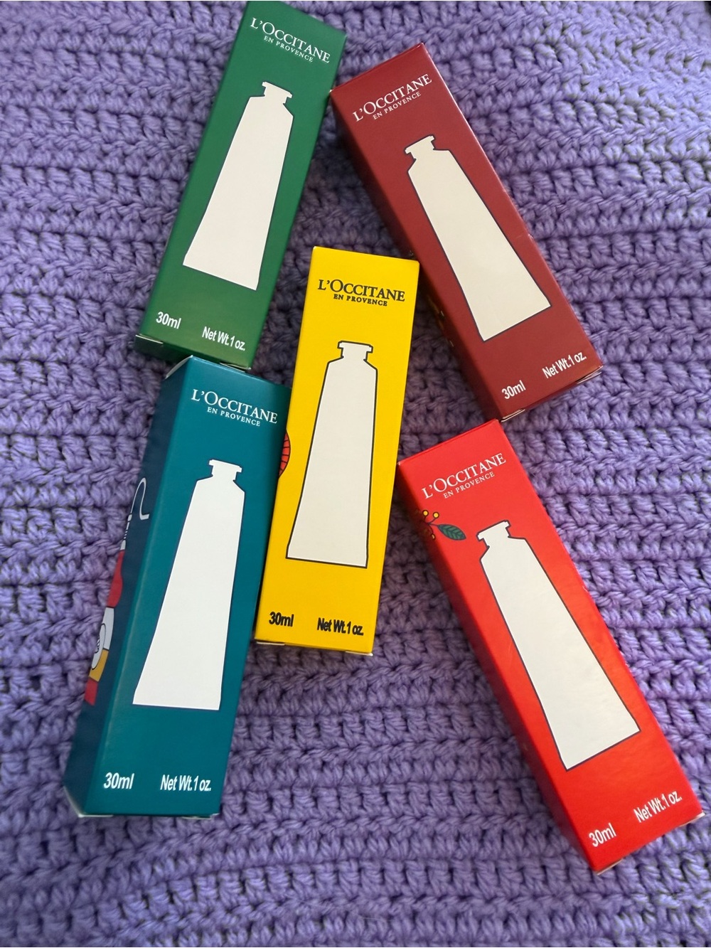 L'OCCITANE Hand Cream Set in Green, Teal, Yellow, Red, and Burgundy Boxes